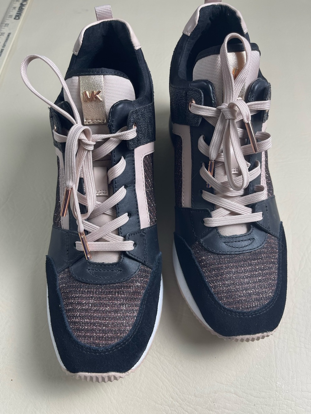 Michael Kors NEW Georgie Glitter‎ Logo Wedge Trainer Sneakers Black & Pink 9.5M